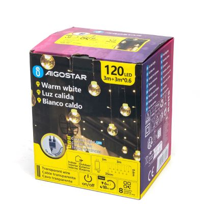 Aigostar - LED зовнішня різдвяна гірлянда 120xLED/8 функцій 3x0,6m IP44 теплий білий + дистанційне керування