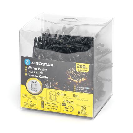 Aigostar - LED зовнішня різдвяна гірлянда 200xLED/8 функцій 3xAA 5,3m IP44 теплий білий
