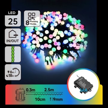 Aigostar - LED зовнішня різдвяна гірлянда 25xLED/8 функцій 3xAA 2,8m IP44 багатоколірна