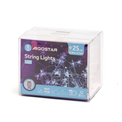 Aigostar - вулична LED-гірлянда 25xLED/8 режимів 3xAA 2,5 м IP44 холодний білий