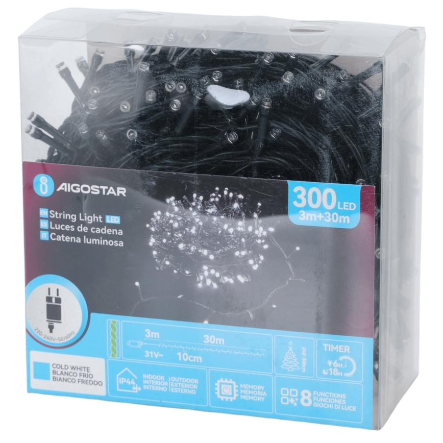 Aigostar - Світлодіодна зовнішня різдвяна гірлянда 300xLED/8 режимів 30m IP44 холодний білий