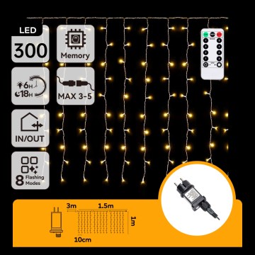 Aigostar - LED зовнішня різдвяна гірлянда 300xLED/8 функцій 3x1m IP44 теплий білий + дистанційне керування