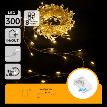 Aigostar - LED зовнішня різдвяна гірлянда 300xLED/8 функцій 3xAA 9,3m IP44 теплий білий