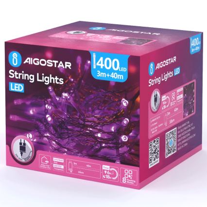 Aigostar - LED зовнішня різдвяна гірлянда 400xLED/8 функцій 43m IP44 рожева