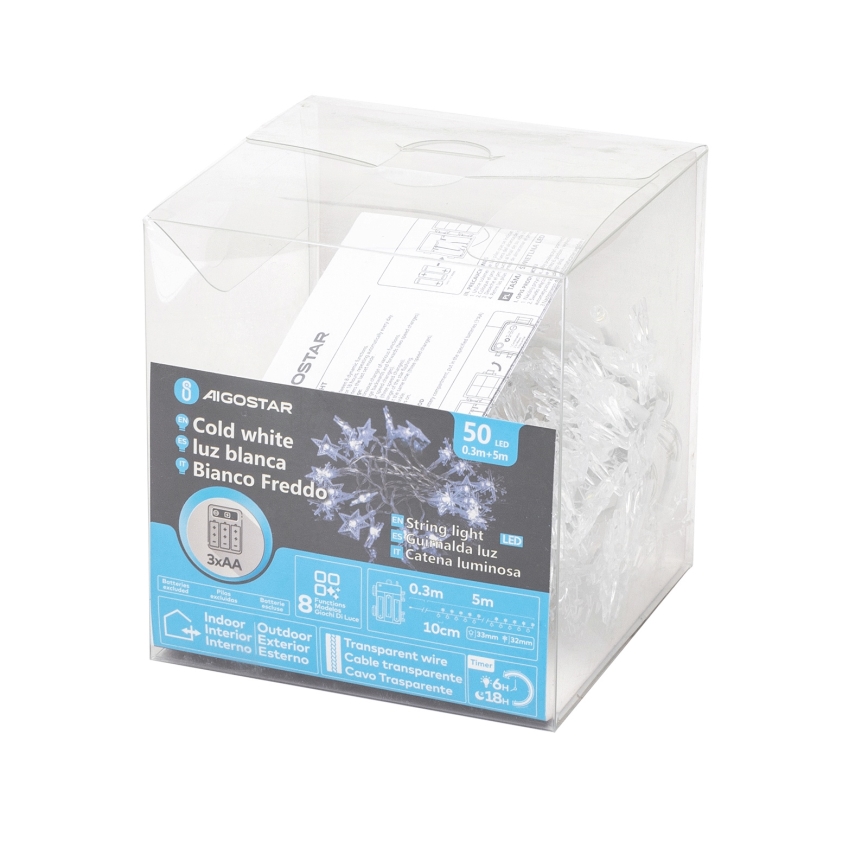 Aigostar - LED зовнішня різдвяна гірлянда 50×LED/8 режимів 3×AA 5 м IP44 холодний білий зірки