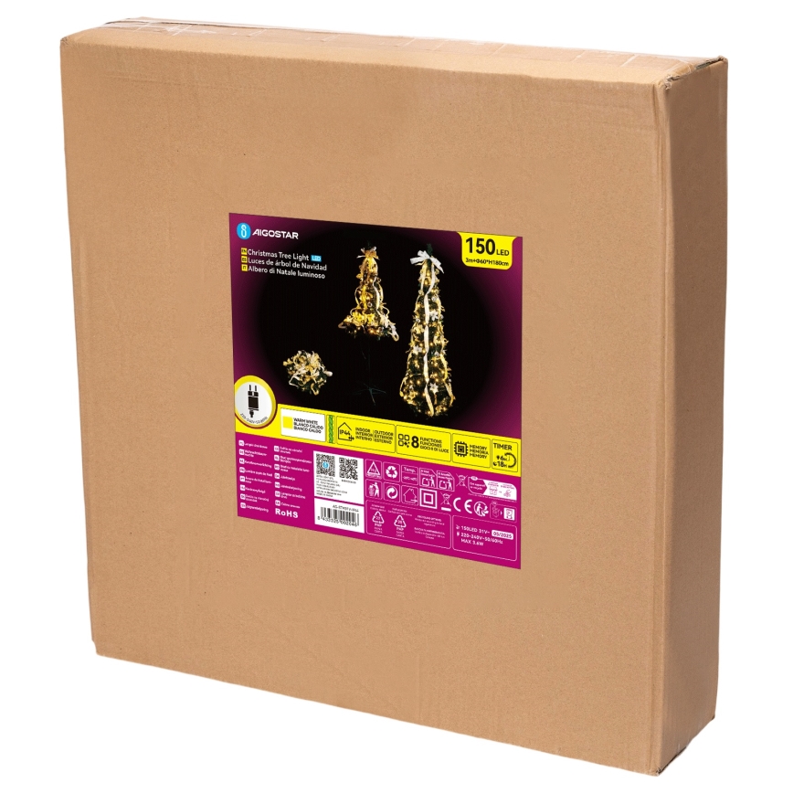 Aigostar - LED зовнішня різдвяна ялинка 150 світлодіодів 1,8 м IP44 білий/золотистий, тепле біле світло