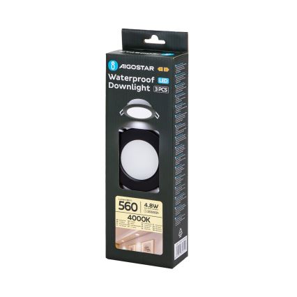 Aigostar - НАБІР 3x Вуличний вбудований стельовий LED світильник LED/4,8W/230V 4000K IP65 чорний