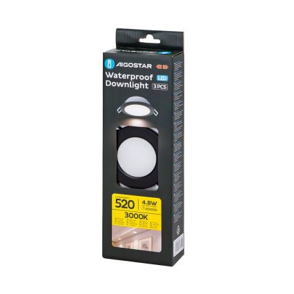 Aigostar - НАБІР 3x Вуличний вбудований стельовий LED світильник LED/4,8W/230V 3000K IP65 чорний
