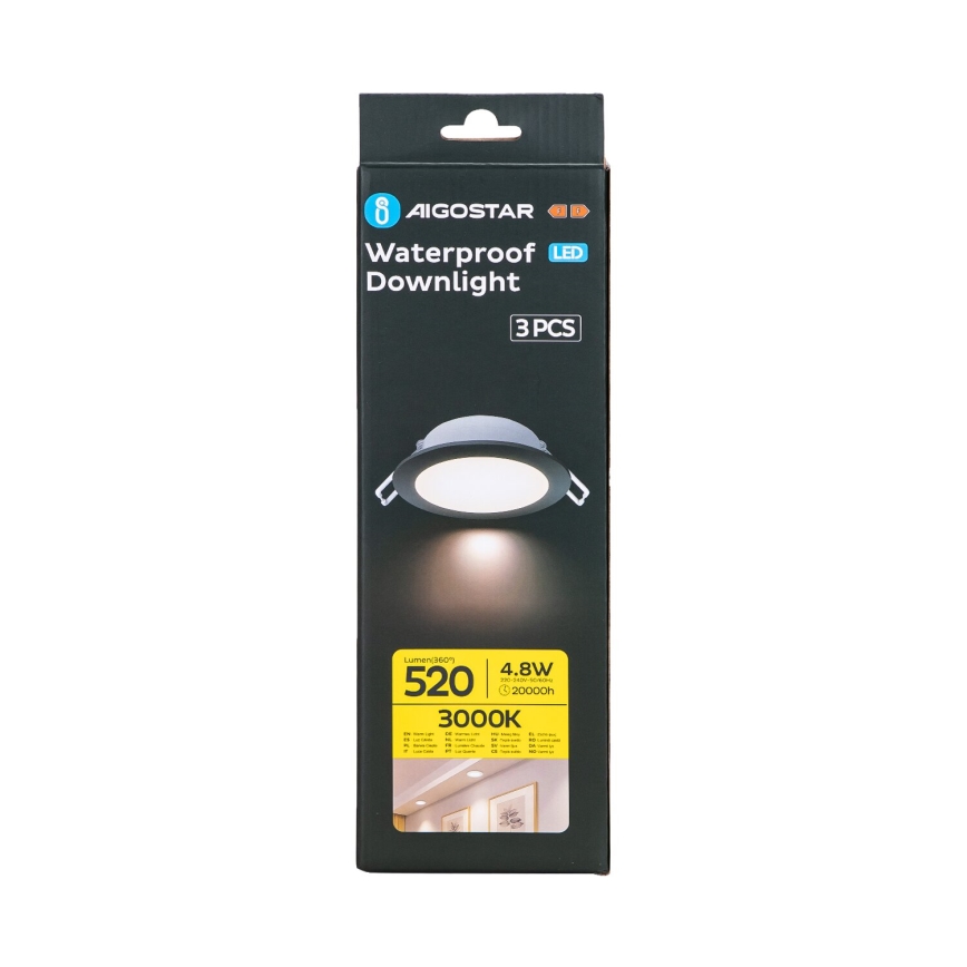 Aigostar - НАБІР 3x Вуличний вбудований стельовий LED світильник LED/4,8W/230V 3000K IP65 чорний