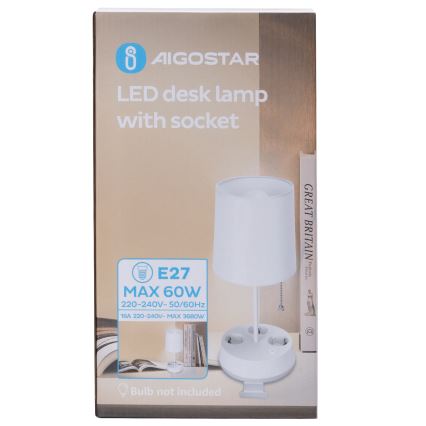 Aigostar - Настільна лампа з розетками 1xE27/60W/230V біла