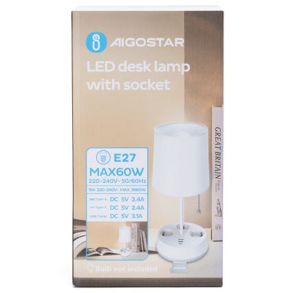 Aigostar - Настільна лампа з розетками та USB-портами 1xE27/60W/230V біла
