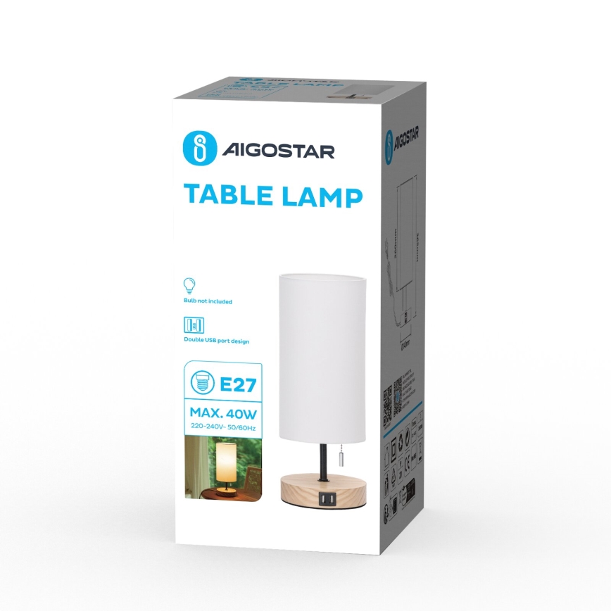 Aigostar - Настільна лампа з USB-портом 1xE27/40W/230V бежевий