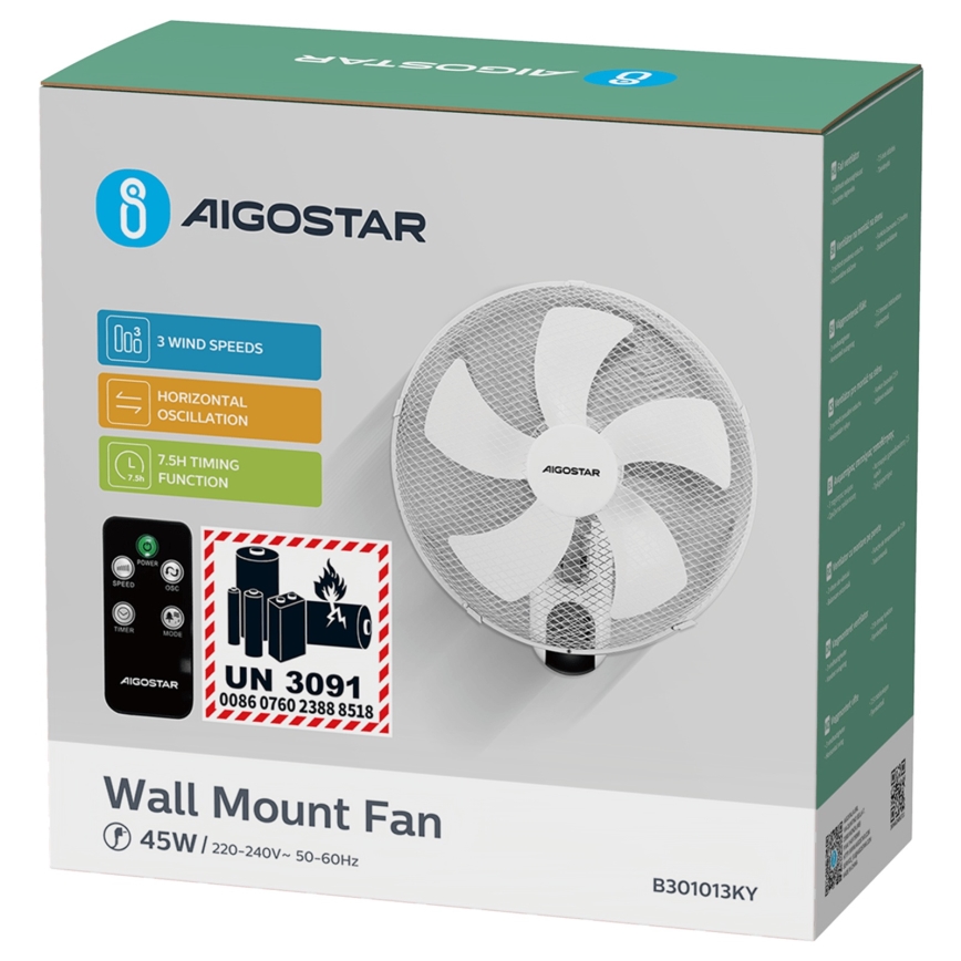 Aigostar -  Настінний вентилятор 45W/230V білий + пульт дистанційного керування