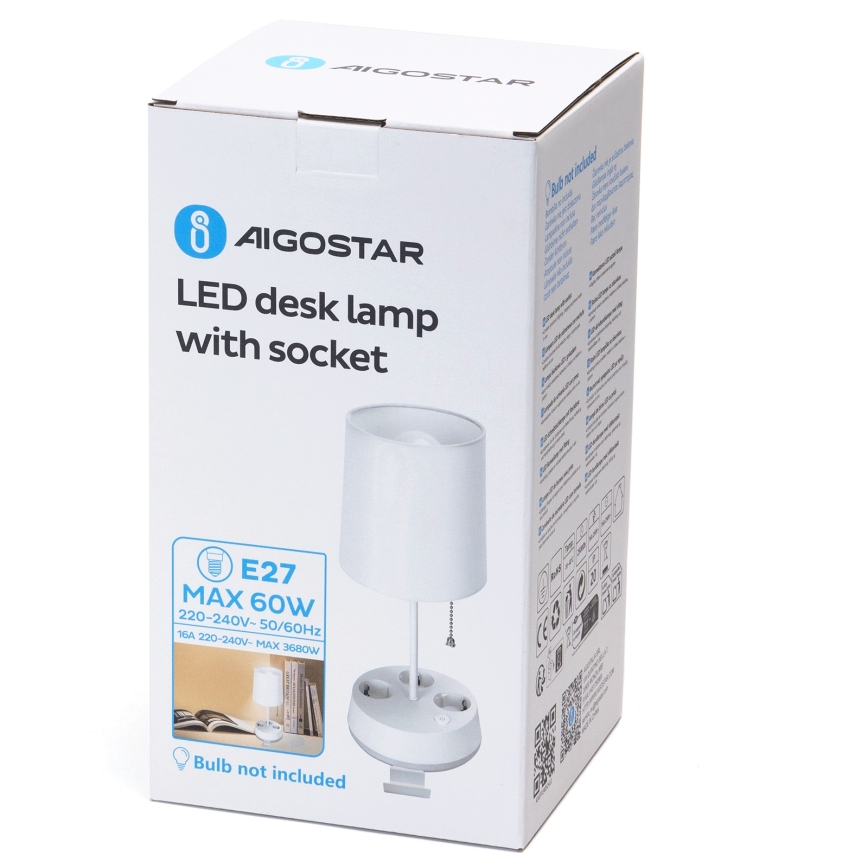 Aigostar - Настольная лампа с розетками 1xE27/60W/230V белая