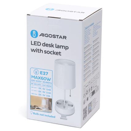 Aigostar - Настольная лампа с розетками и USB-портами 1xE27/60W/230V белая