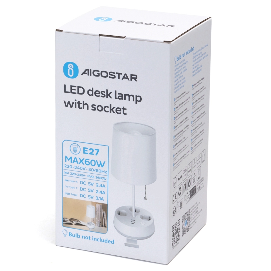 Aigostar - Настольная лампа с розетками и USB-портами 1xE27/60W/230V белая