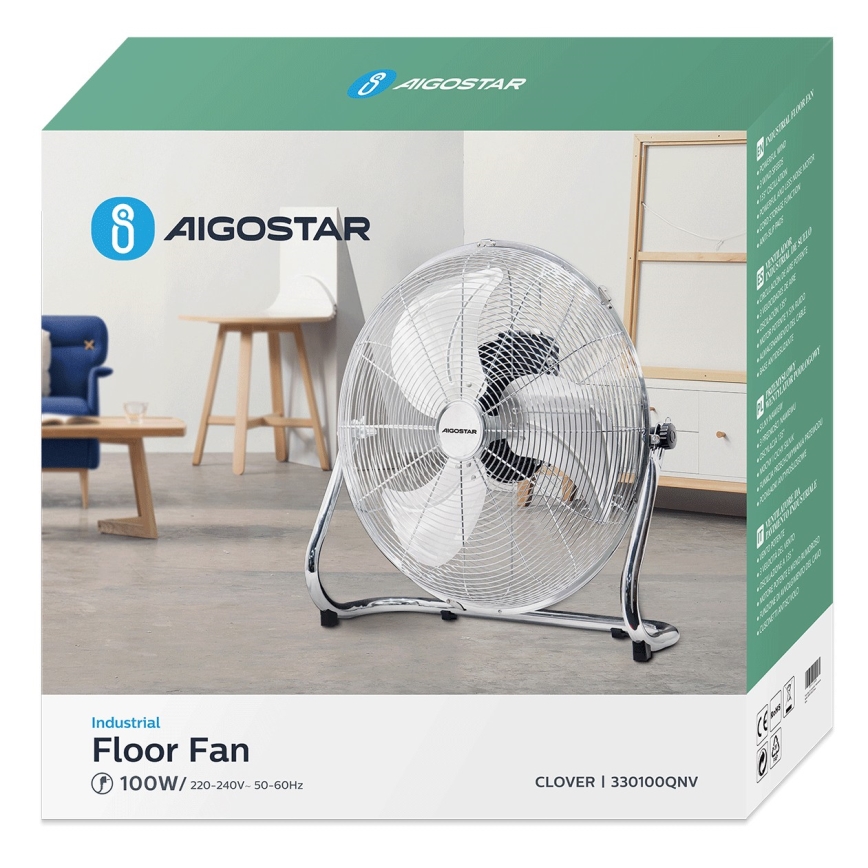 Aigostar - Підлоговий вентилятор 100W/230V глянцевий хром