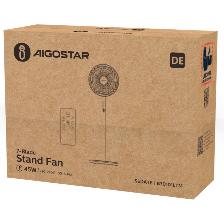 Aigostar - Підлоговий вентилятор 45W/230V білий + пульт дистанційного керування