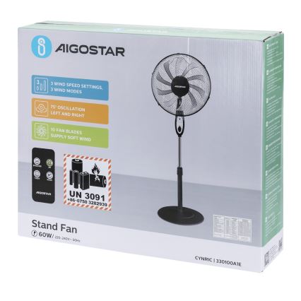 Aigostar - Підлоговий вентилятор 55 Вт/230 В 130 см чорний + пульт дистанційного керування