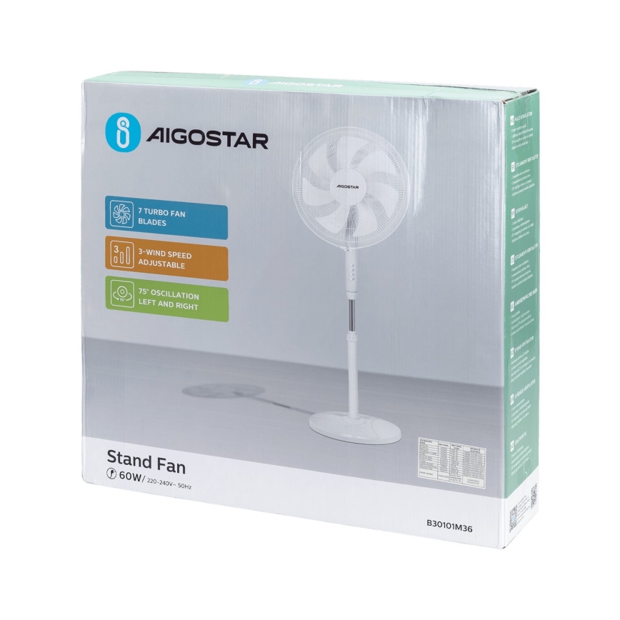 Aigostar - Підлоговий вентилятор 60W/230V білий