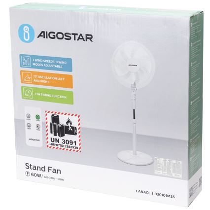 Aigostar - Підлоговий вентилятор 60W/230V білий + пульт дистанційного керування