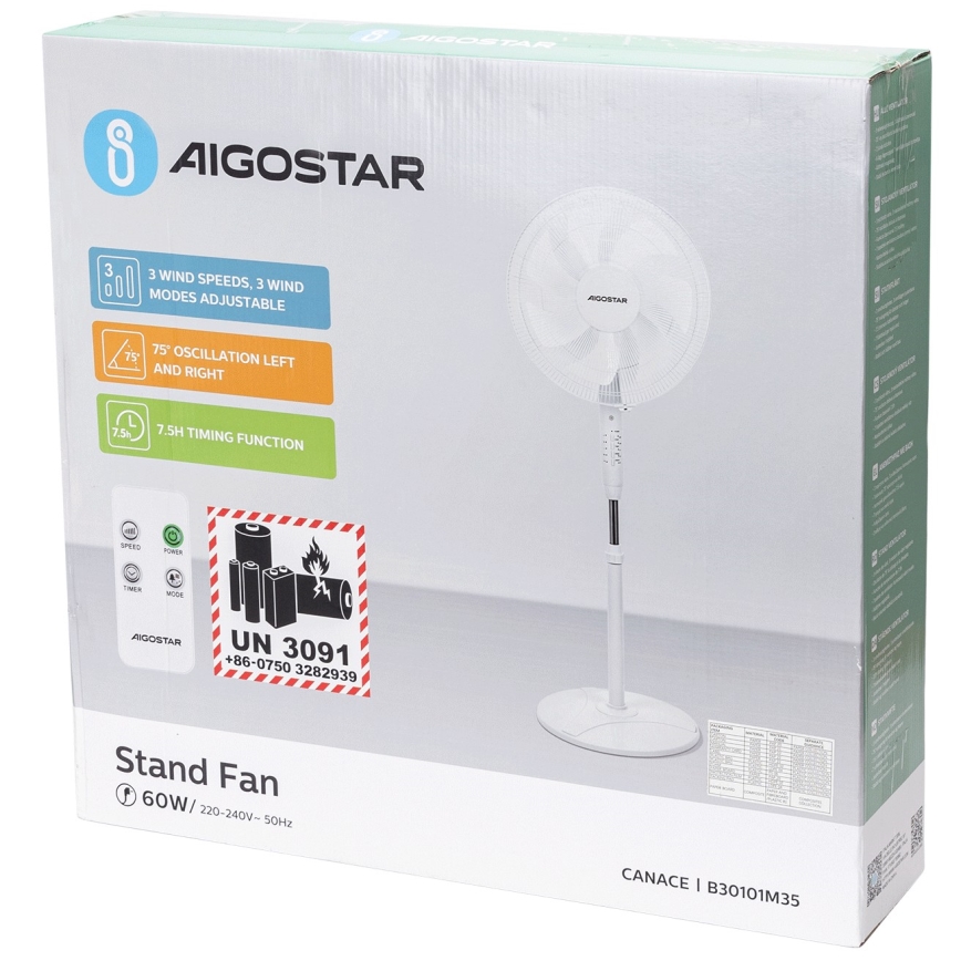 Aigostar - Підлоговий вентилятор 60W/230V білий + пульт дистанційного керування
