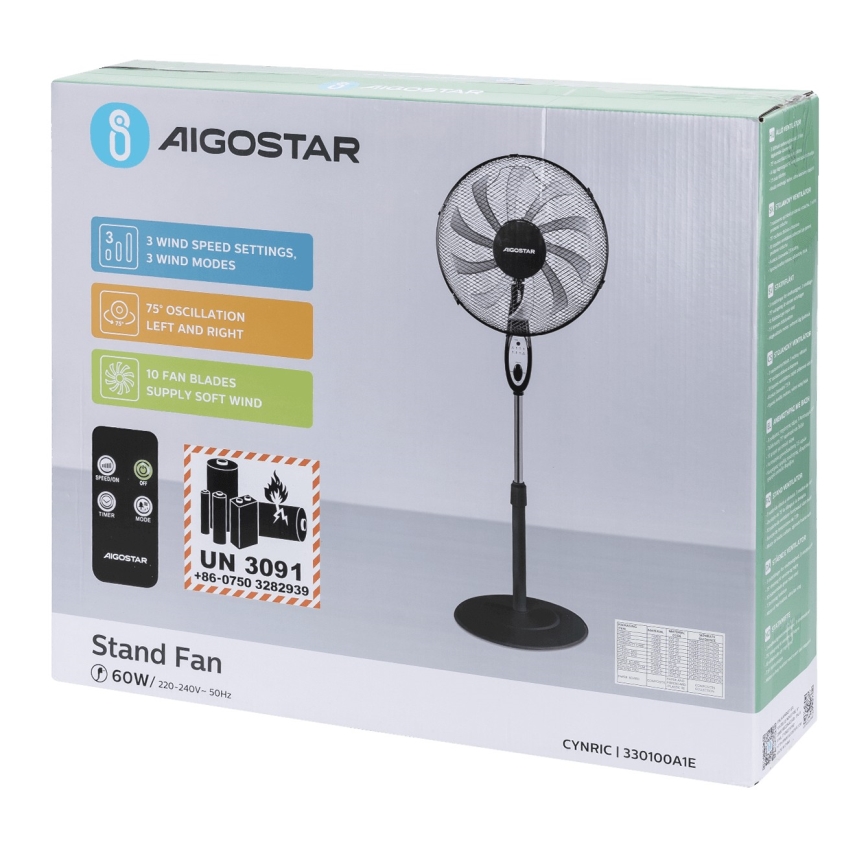 Aigostar - підлоговий вентилятор 60 Вт/230 В чорний + пульт дистанційного керування