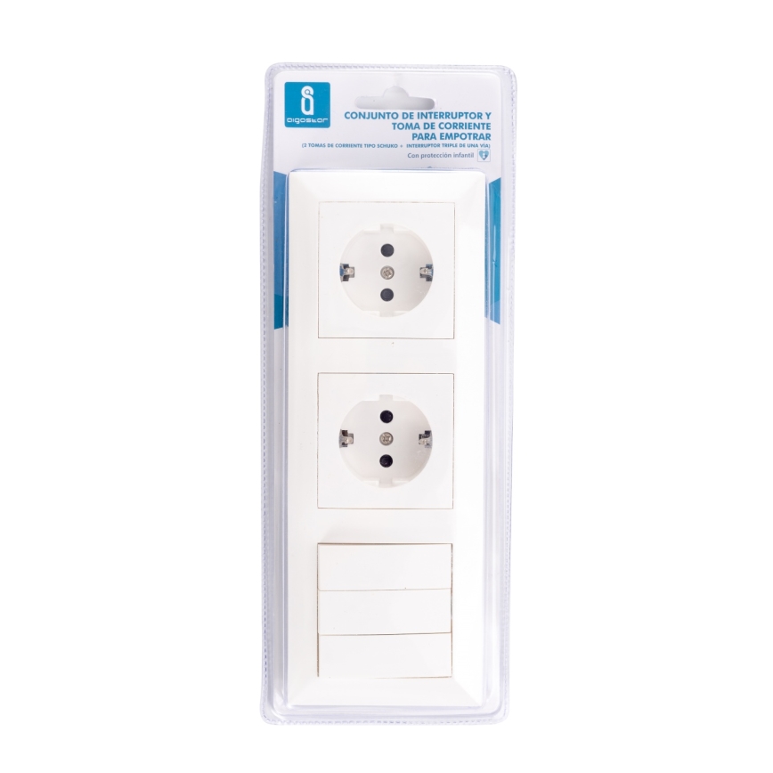 Aigostar - Потрійний вимикач № 3 та 2x розетки SCHUKO 230V з рамкою, білий