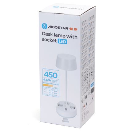 Aigostar - Регулируемая светодиодная настольная лампа с розетками и USB LED/4,6W/230V 3000/4000/6500K белая