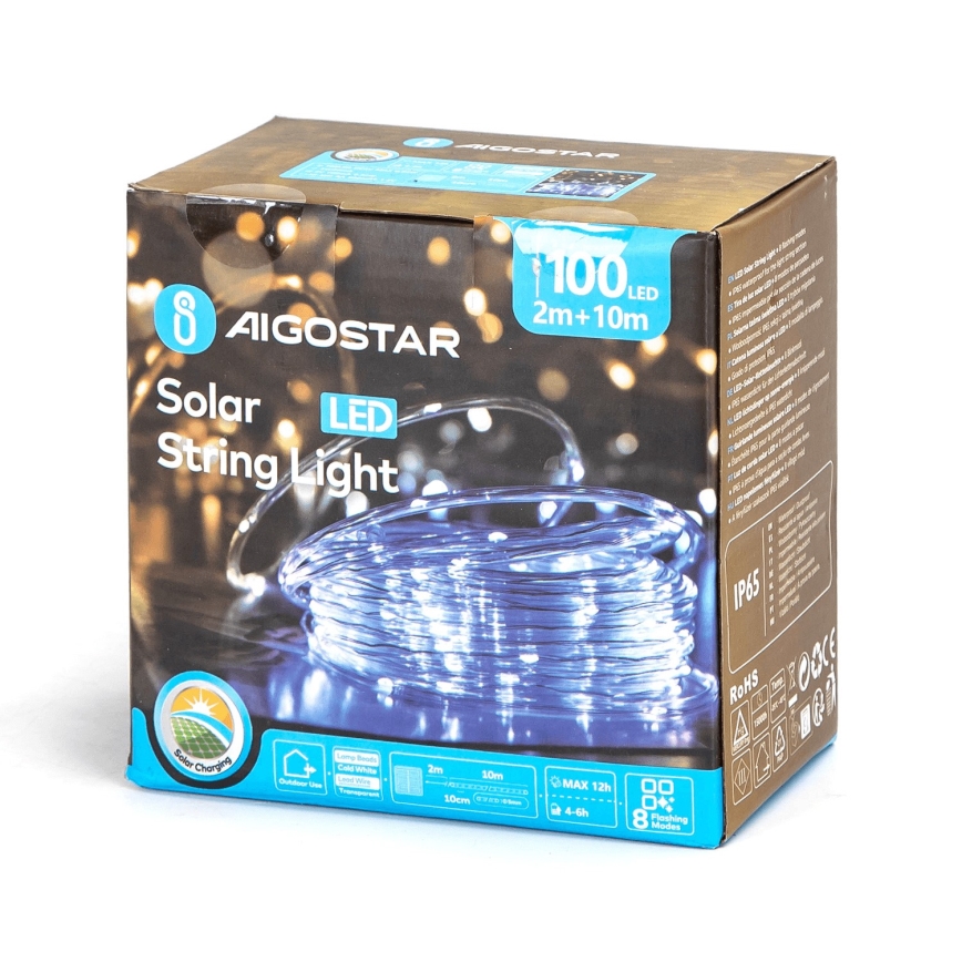 Aigostar - Різдвяна LED гірлянда на сонячній батареї 100xLED/8 функцій 12 м IP65 холодний білий