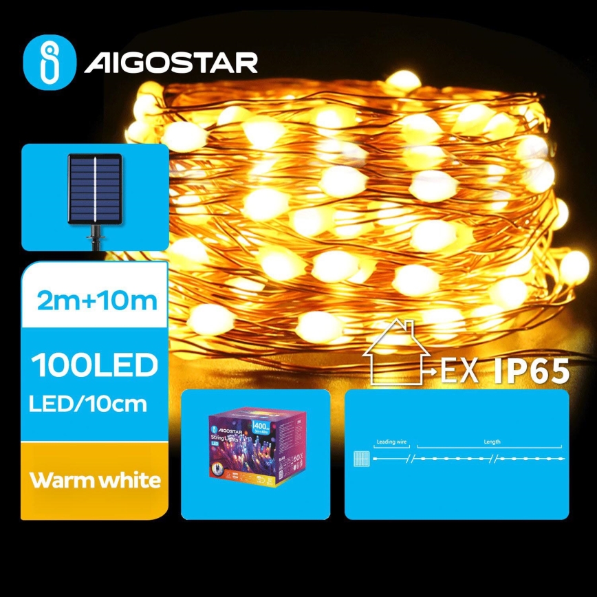 Aigostar – Різдвяна LED гірлянда на сонячній батареї, 100xLED/8 режимів, 12 м, тепле біле світло, IP65 800 mAh