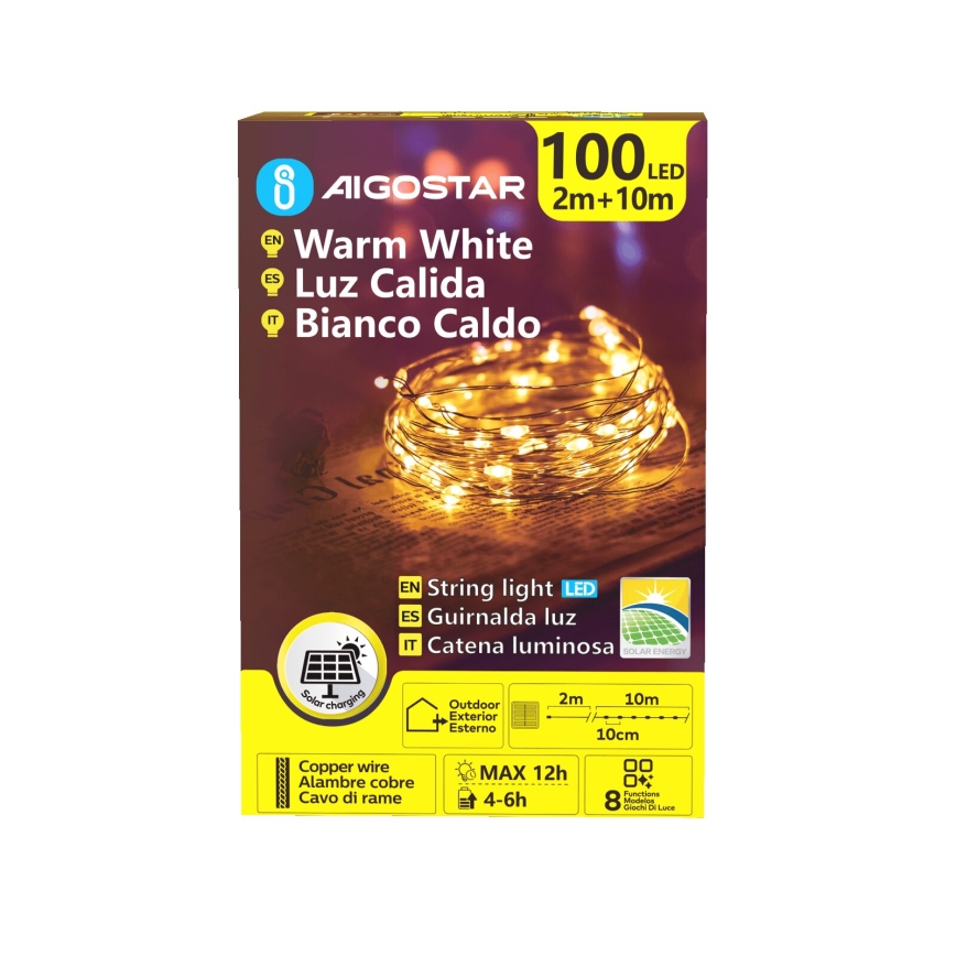 Aigostar – Різдвяна LED гірлянда на сонячній батареї, 100xLED/8 режимів, 12 м, тепле біле світло, IP65 800 mAh