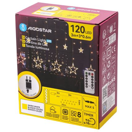 Aigostar - уличная LED-гирлянда 120 светодиодов/8 режимов 3x0,6 м IP44 тёплый белый + дистанционное управление