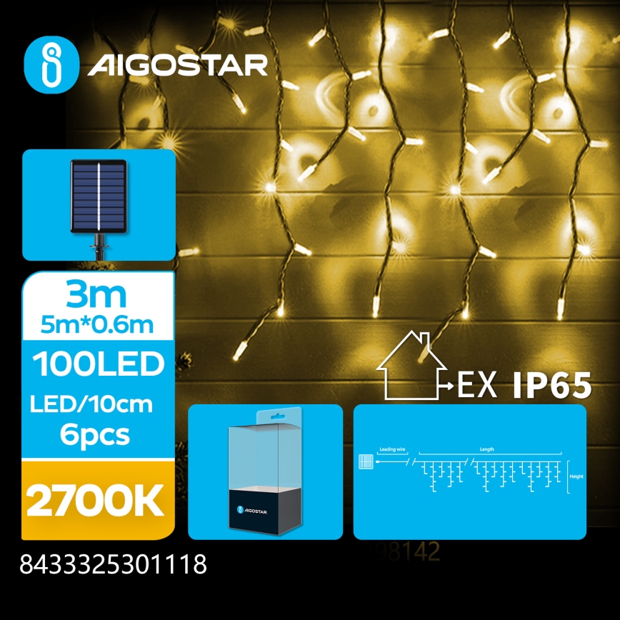 Aigostar - LED солнечная гирлянда 100xLED/8 функций 8x0,6m 800 mAh IP65 тёплый белый