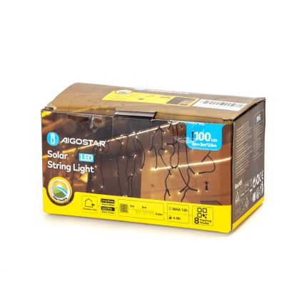 Aigostar - LED солнечная гирлянда 100xLED/8 функций 8x0,6m 800 mAh IP65 тёплый белый