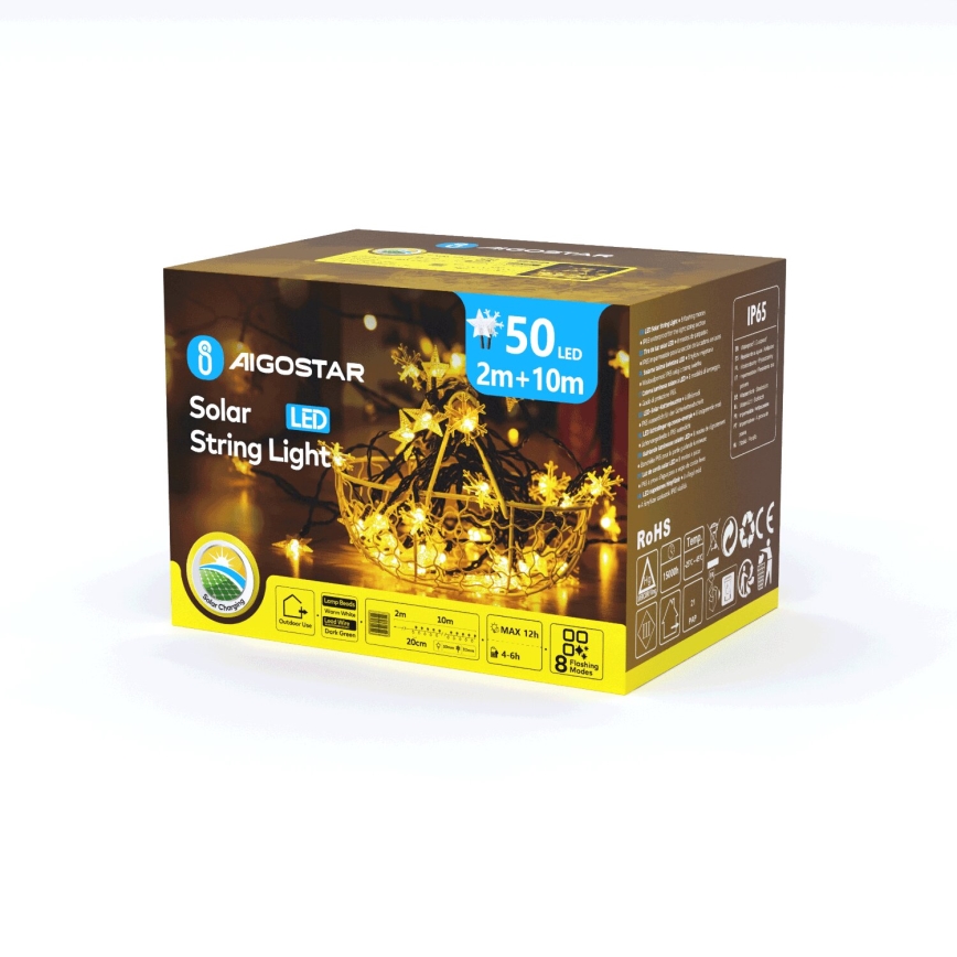 Aigostar - LED сонячна  гірлянда 50xLED/8 функцій 12m 800mAh IP65 теплий білий