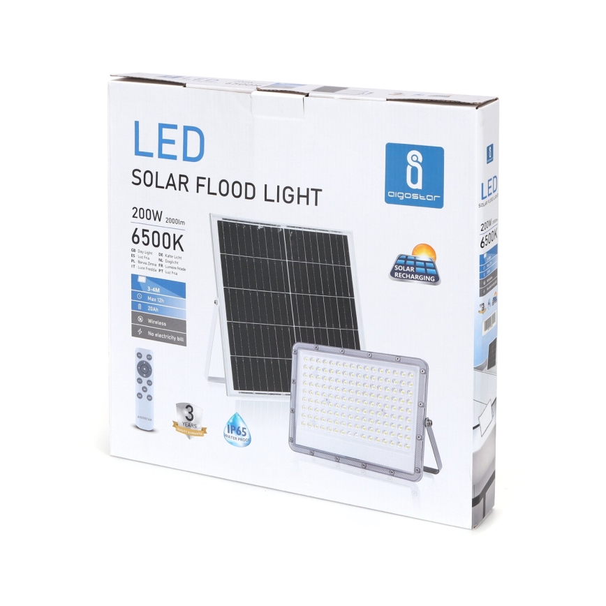 Aigostar - сонячний LED-прожектор з регулюванням яскравості 200W/3,4V 20000 мА·год IP65 + пульт дистанційного керування