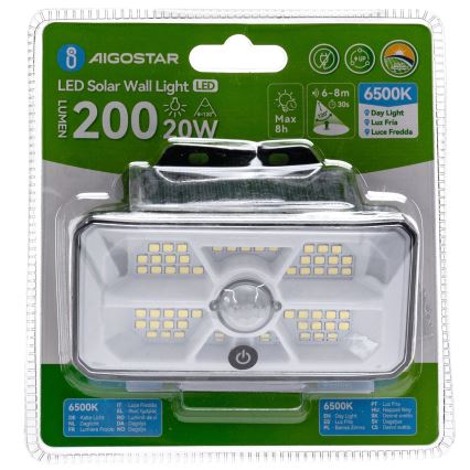 Aigostar - Сонячний світильник з датчиком LED/3,7V 6500K 500 mAh IP65 чорний