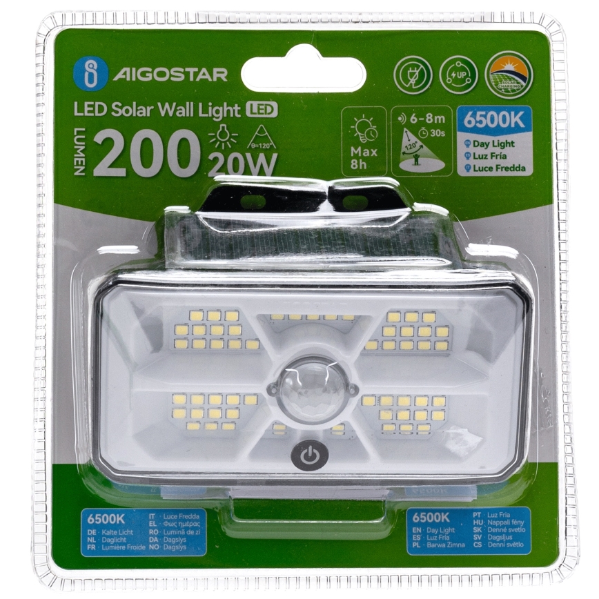 Aigostar - Сонячний світильник з датчиком LED/3,7V 6500K 500 mAh IP65 чорний