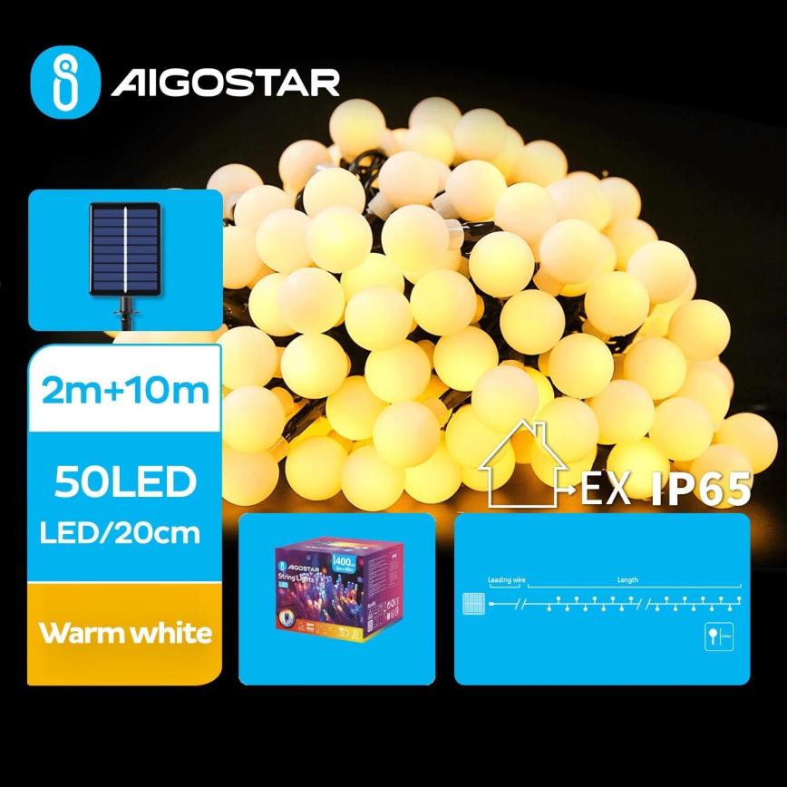 Aigostar - Светодиодная декоративная гирлянда на солнечной батарее 50xLED/8 функций 12 м 800 mAh IP65 теплый белый