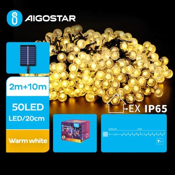 Aigostar - Светодиодная декоративная гирлянда на солнечной батарее 50xLED/8 функций 12 м 800 mAh IP65 теплый белый