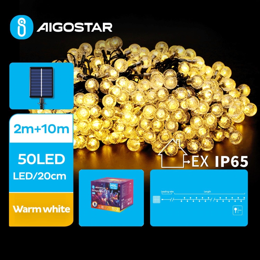 Aigostar - Светодиодная декоративная гирлянда на солнечной батарее 50xLED/8 функций 12 м 800 mAh IP65 теплый белый