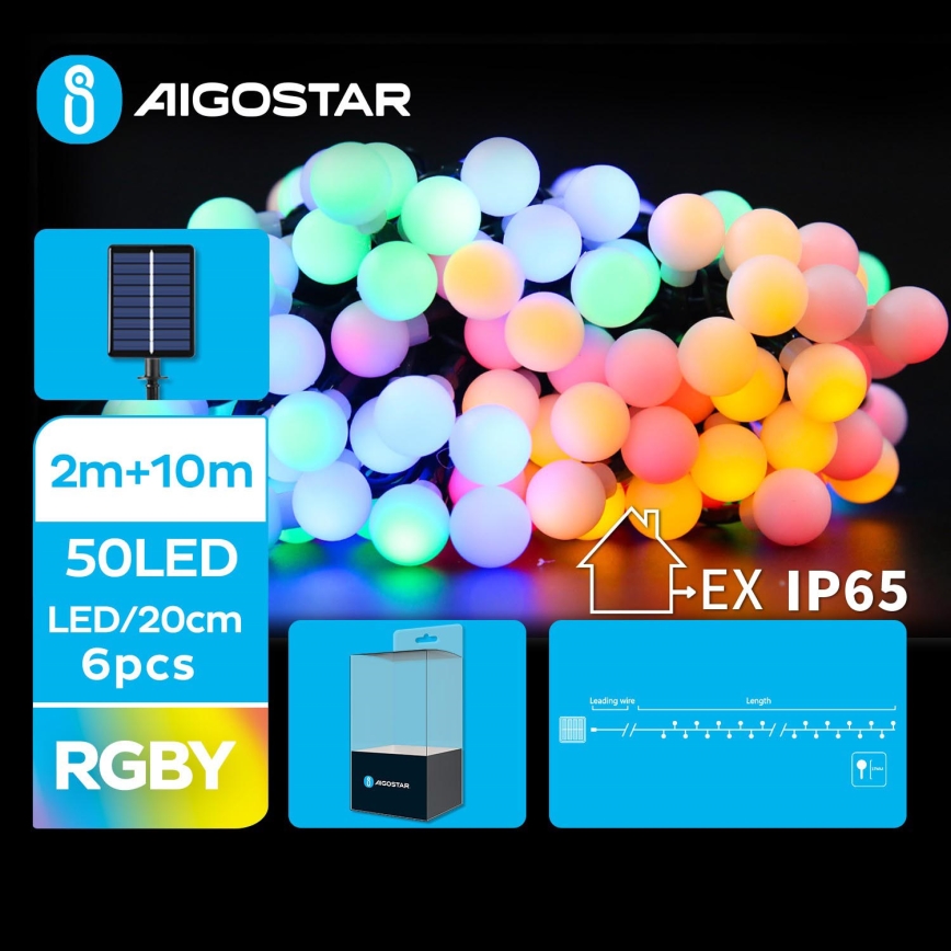 Aigostar - Светодиодная декоративная гирлянда на солнечной батарее 50xLED/8 функций 12 м IP65 цветной
