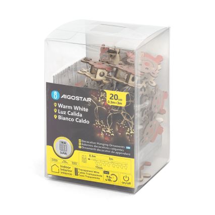 Aigostar - светодиодная гирлянда 20 LED, питание 3×AA, 3 м, тёплый белый, в виде оленя