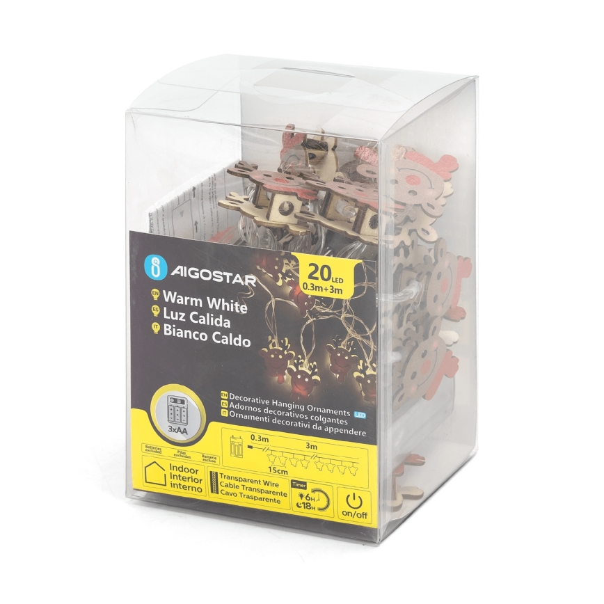 Aigostar - светодиодная гирлянда 20 LED, питание 3×AA, 3 м, тёплый белый, в виде оленя