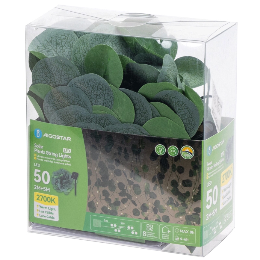 Aigostar - Светодиодная гирлянда на солнечной батарее 50xLED/7 м IP65 300 mAh теплый белый эвкалипт
