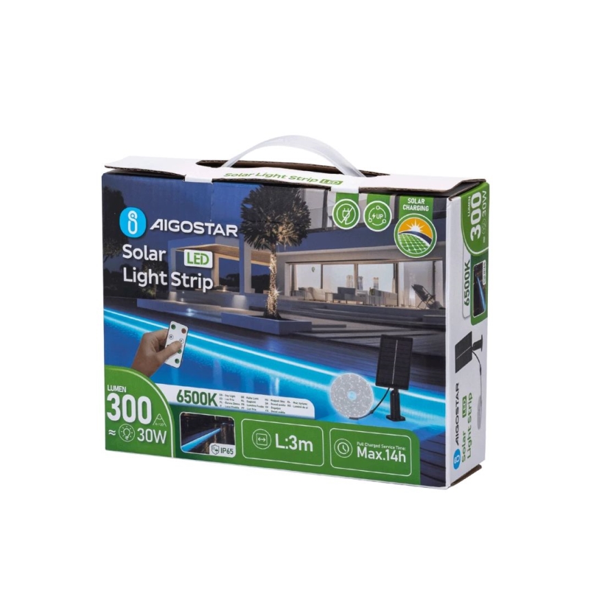 Aigostar - Светодиодная лента на солнечной батарее с регулированием яркости LED/1,6W/3,2V 3 м 1600 mAh 6500K IP65 + дистанционное управление