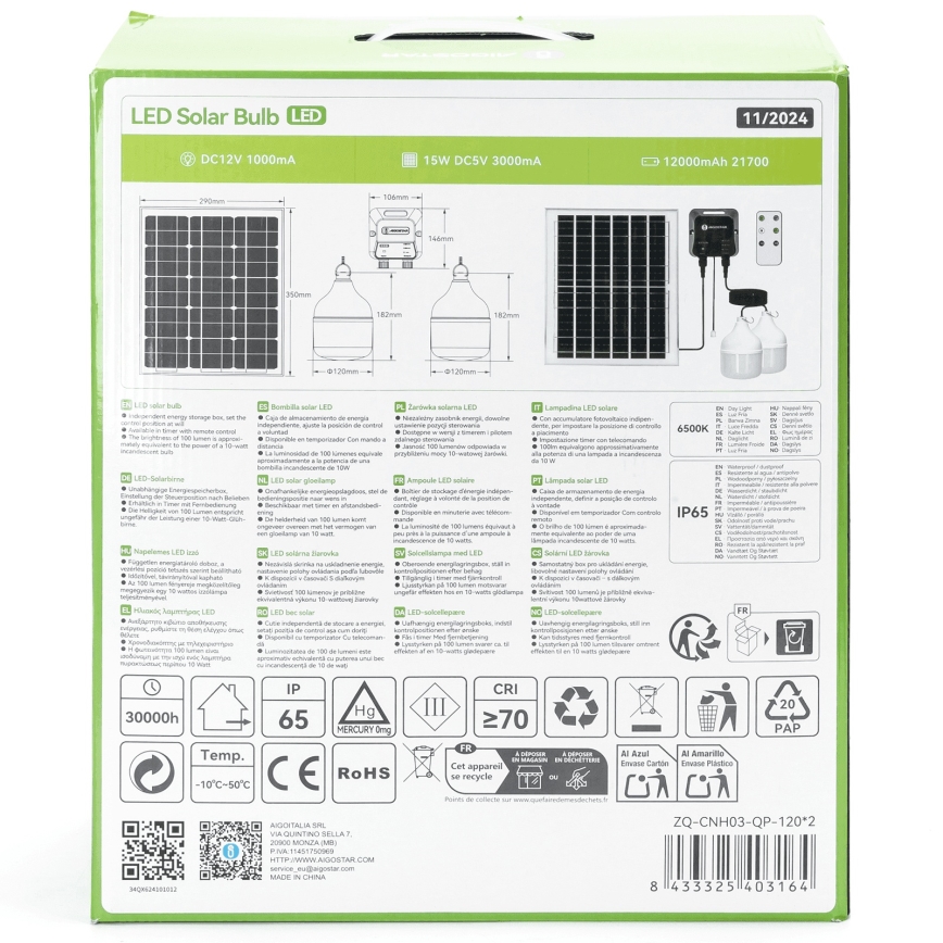 Aigostar - Светодиодная люстра на солнечной батарее 2xLED/70W/12V 12000 mAh 6500K диаметр 12 см + дистанционное управление