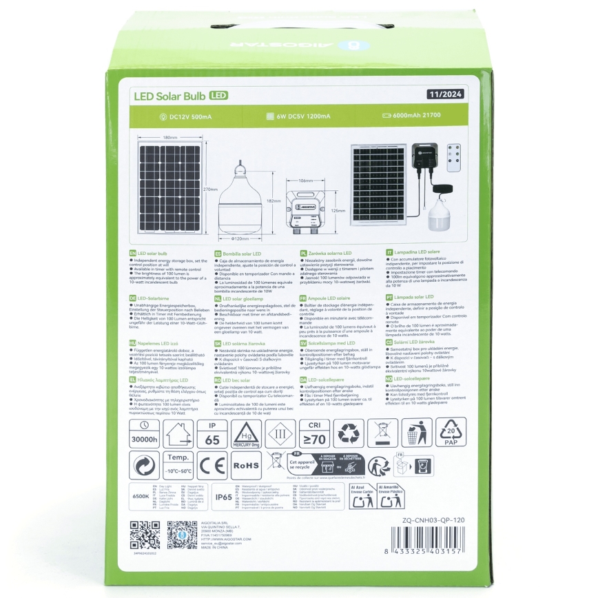 Aigostar - Светодиодная люстра на солнечной батарее LED/70W/12V 6000 mAh 6500K диаметр 12 см + дистанционное управление