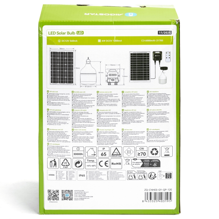 Aigostar - Светодиодная люстра на солнечной батарее с датчиком LED/70W/12V 6000 mAh 6500K диаметр 12 см + дистанционное управление